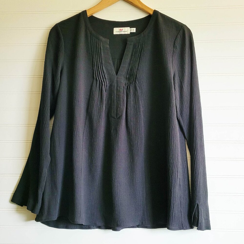 Vineyard Vines Top Womens Extra Small Black Silk Cotton Crepe Tunic Blouse